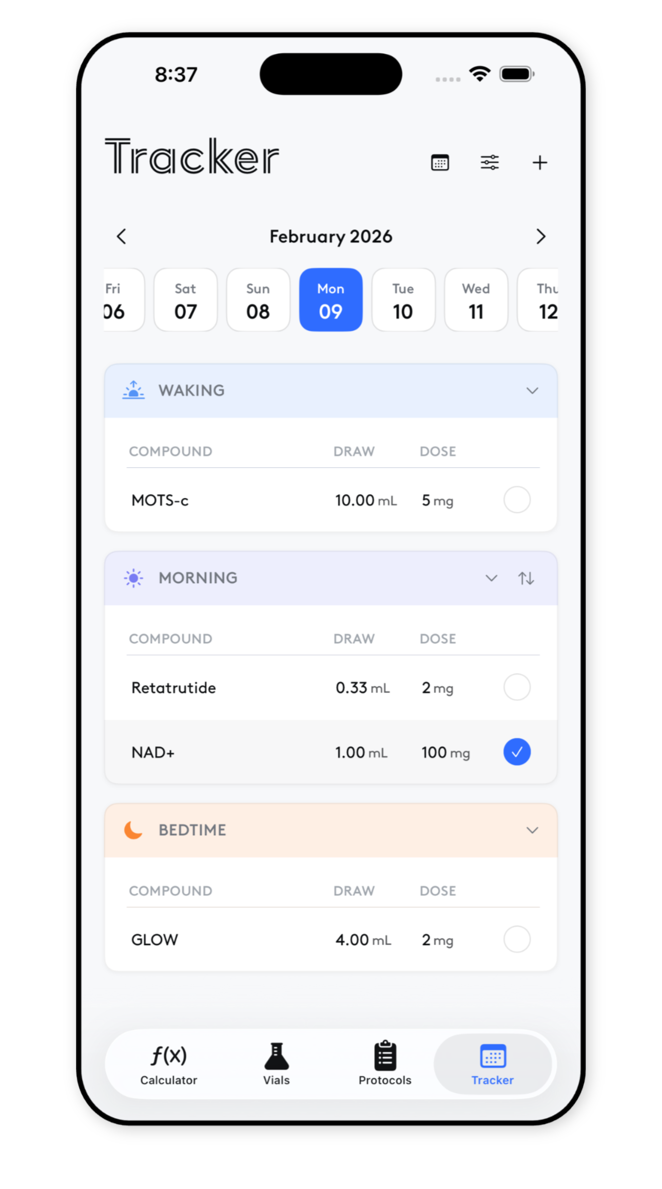PeptideFox daily tracker screen