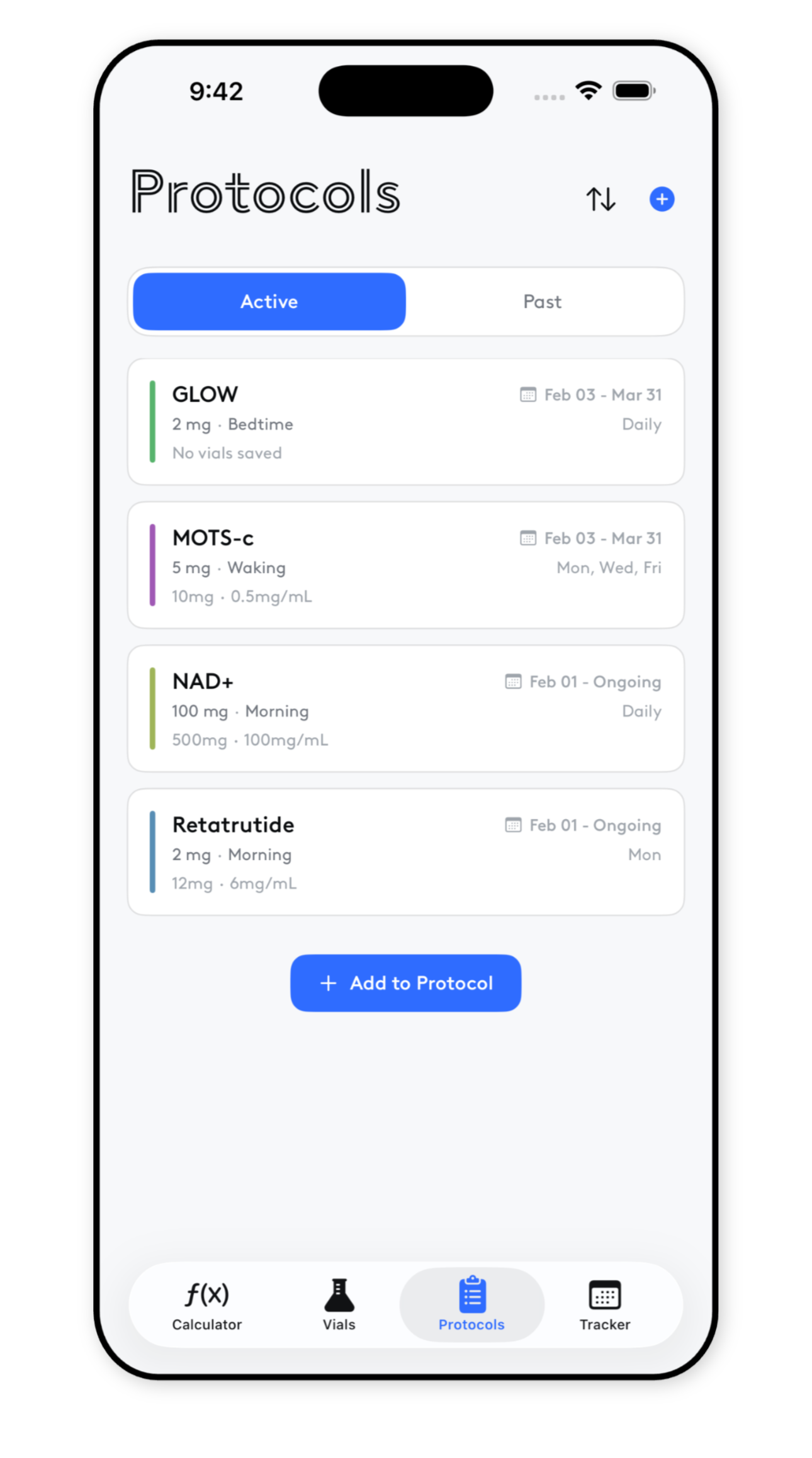 PeptideFox protocol management screen