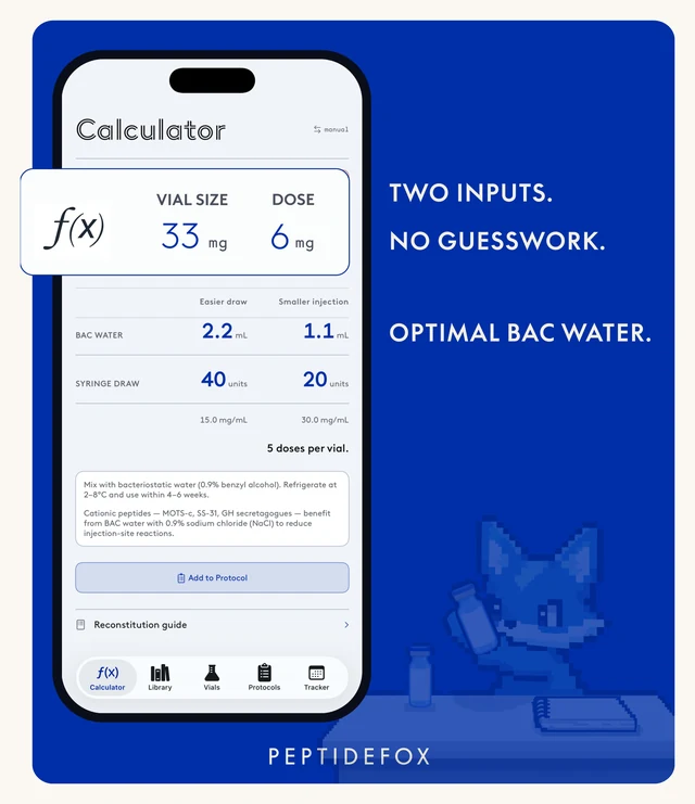 PeptideFox Reconstitution Calculator — enter vial size and dose, it solves BAC water and syringe draw